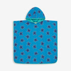 Blue starfish Beach Towel Poncho featuring a hood and turquoise trim, perfect for staying cosy after a swim.